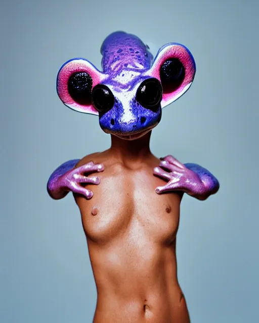 Prompt: natural light, soft focus portrait of a cyberpunk anthropomorphic poison dart frog with soft synthetic pink skin, blue bioluminescent plastics, smooth shiny metal, elaborate ornate head piece, piercings, skin textures, by annie leibovitz, paul lehr
