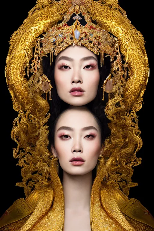 Image similar to a singular beautiful empress portrait, with a brilliant, impossible striking shiny big gold headpiece, symmetrical, reflective surface, gold clothes, rococo, baroque, jewels, asian, realistic, studio lighting, closeup, D&D, fantasy, intricate, elegant, highly detailed, digital painting, artstation, octane render, 8k, concept art, matte, sharp focus, illustration, art by Artgerm and Greg Rutkowski and Alphonse Mucha