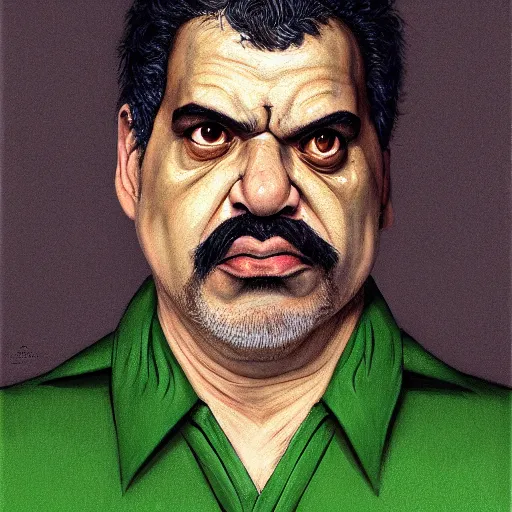 Image similar to hyper realistic, realistic - anime, portrait, beautifully rendered, luis guzman as luigi wearing green, smirking deviously, luigi, luigi's nose, painted by jan van eyck, greg rutkowski, wlop, artgerm, dishonored 2,