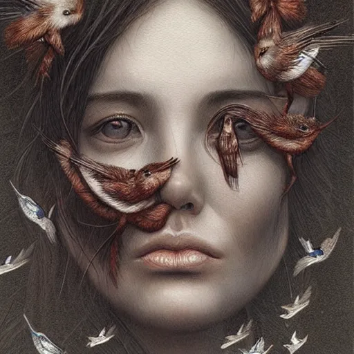 Prompt: an intricate detailed women without eyes portrait with birds by marco mazzoni