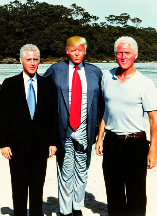 Prompt: polaroid of jeffrey epstein, bill clinton, and donald trump on an island