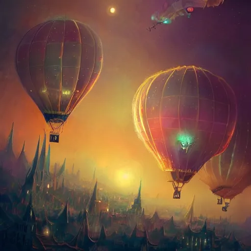 Image similar to a beautiful stunning fantasy whimsical matte digital illustration of a hot - air balloon race over a city at night by marc simonetti, pastel color palette, disney steampunk, chiaroscuro magical bokeh moon stars, trending on artstation hq, masterpiece