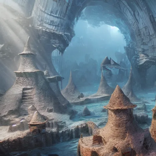 Image similar to photorealistic fantasy concept art of an underwater city, advanced further beyond human civilization, dynamic lighting, cinematic, ray tracing, 8k, ultra detailed