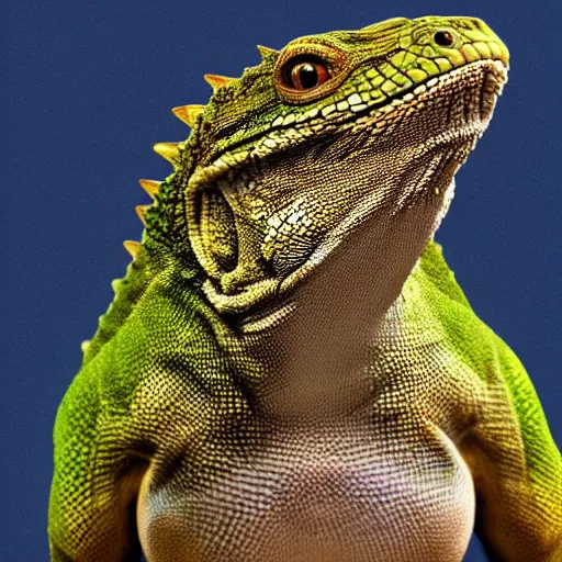 Image similar to the head of a lizard photoshopped onto a gorrilla's body, full - body shot