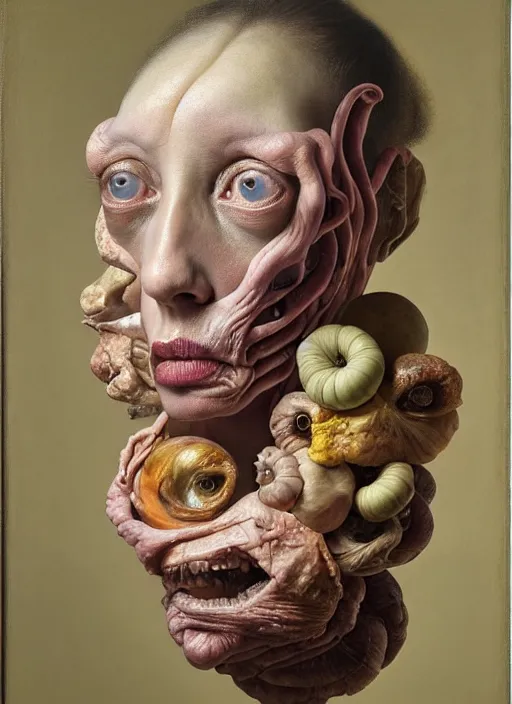 Prompt: strange, looming head, biomorphic painting of a woman with large eyes, pastel colours by, rachel ruysch, jenny saville and charlie immer, highly detailed, emotionally evoking, head in focus, volumetric lighting, oil painting, timeless disturbing masterpiece