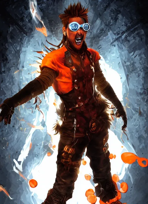 Image similar to An epic fantasy comic book style portrait painting of young man with red spiked long hair, using an orange lens googles. Wearing white shirt, a black waistcoat, brown pants and black boots. He is with a vicious smile in face. Unreal 5, DAZ, hyperrealistic, octane render, cosplay, RPG portrait, dynamic lighting