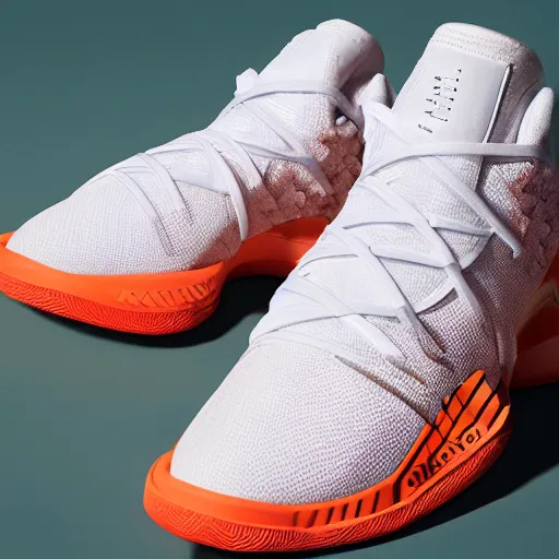 Prompt: promotional photography of the new Cheeto x adidas basketball shoes