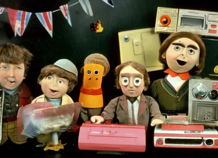 Image similar to a scene from a 1 9 7 0 s british kids tv programme by the bbc and oliver postgate, stop motion animation, postman pat, vhs distortion, folk horror