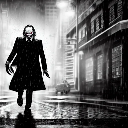 Prompt: black in white joker walking in the rain, night life buildings, sad mood, low angle, realistic, intricate, detailed, digital art, 4 k, 8 k, wallpaper, artstation trending