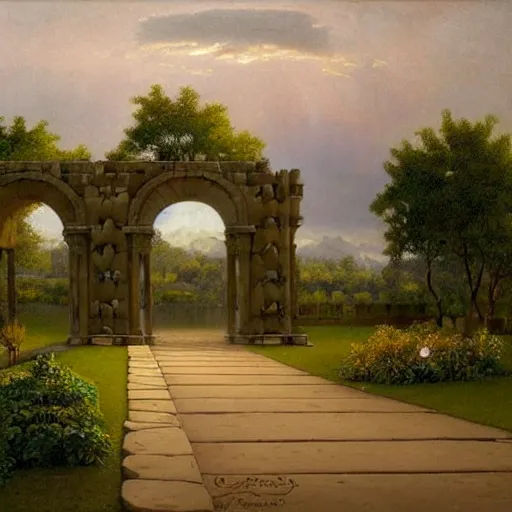 Image similar to a painting of a sunset in a park, an art deco matte painting by Edwin Deakin, pinterest, stone paths with a stone wall, pavilion, columns, vines, german romanticism, detailed painting, pre-raphaelite