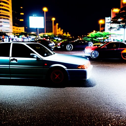 Prompt: a car JZX100 at illegal car meet, Chiba prefecture, city midnight mist lights, cinematic color, photorealistic, highly detailed, 50MM