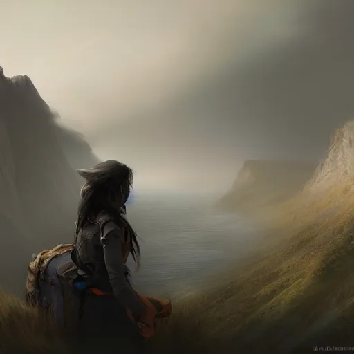 Image similar to digital portrait painting of an adventurer woman facing away from the camera, looking at cliffs and mountains in the distant fog, trending on artstation, cgsociety