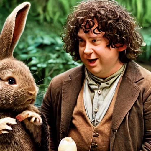 Image similar to Bartook a twenty-something hobbit with short curly dark brown hair who is slightly overweight standing next to a giant rabbit, high resolution film still, movie by Peter Jackson