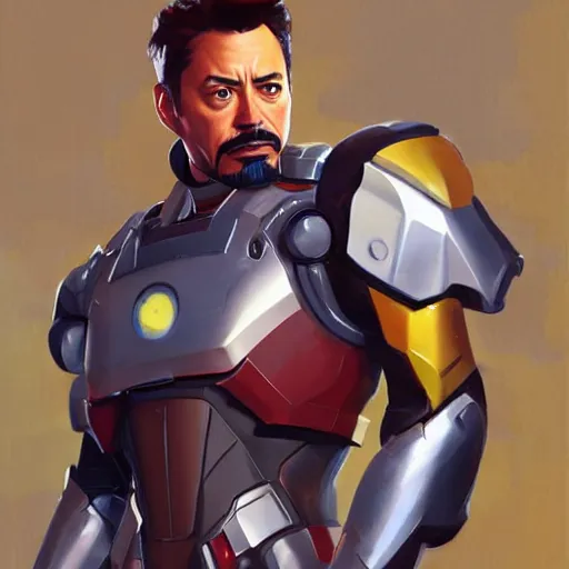 Image similar to greg manchess portrait painting of tony stark as overwatch character, totally whack, medium shot, asymmetrical, profile picture, organic painting, sunny day, matte painting, bold shapes, hard edges, street art, trending on artstation, by huang guangjian and gil elvgren and sachin teng