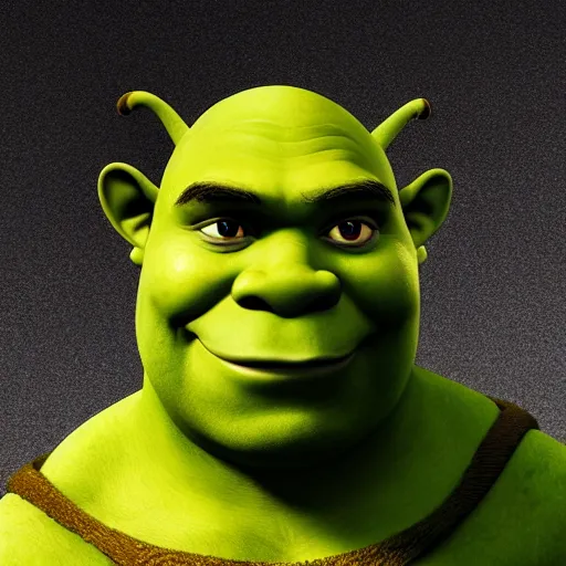 Image similar to Shrek the ogre with red eyes, head shot