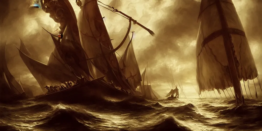 Image similar to vikings sailing a longship, by Rolf Armstrong and Evelyn De Morgan and Bastien Lecouffe-Deharme, dramatic lighting, high contrast colors, baroque, empyrean, panoramic view, as trending on Artstation, highly detailed, doom engine,