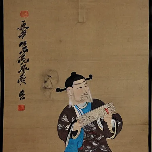 Image similar to ancient chinese painting of Genghis Khan smoking a joint and a playing a lute