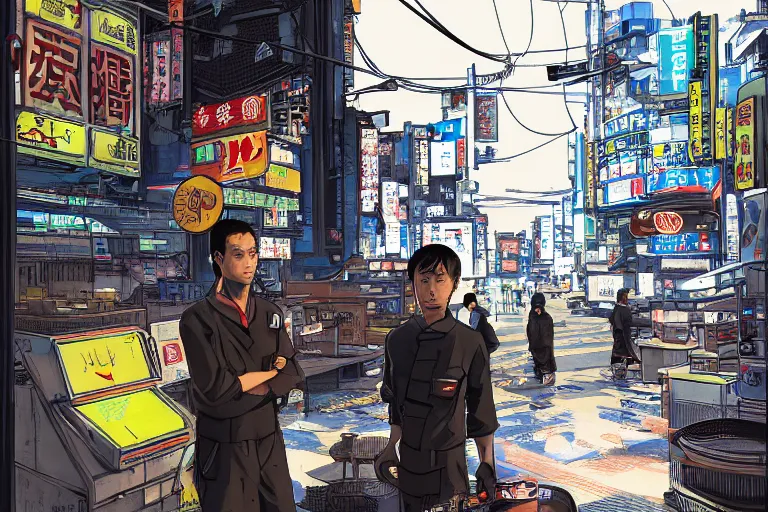Image similar to tokyo fish market worker in the style of vincent di fate's cyberpunk 2 0 2 0.