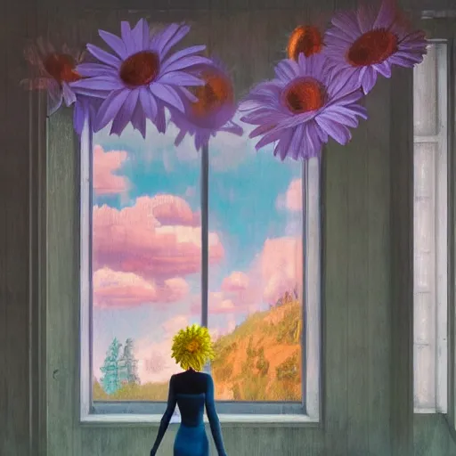 Image similar to giant daisy flower head, woman standing next to modern window in luxury loft, surreal photography, sunlight, impressionist painting, digital painting, artstation, simon stalenhag