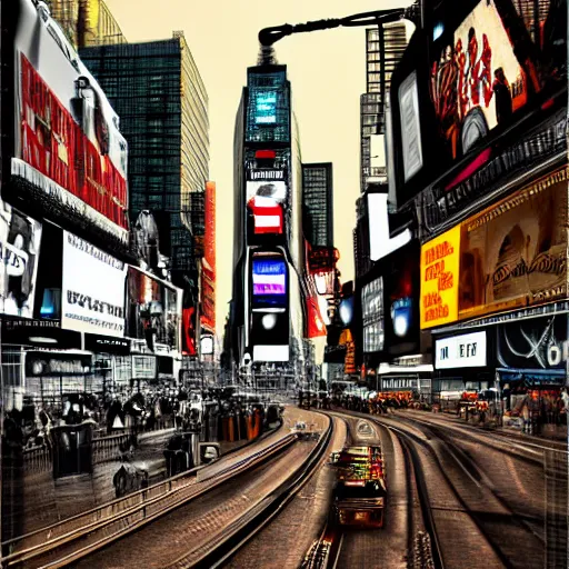 Prompt: times square as a steampunk city, digital art
