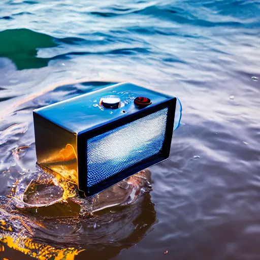 Image similar to 4 k sony a 7 wide angle photo stainless steel shiny reflective boombox speaker half submerged in water with a wave rolling over it in hawaii at dusk with neon lighting