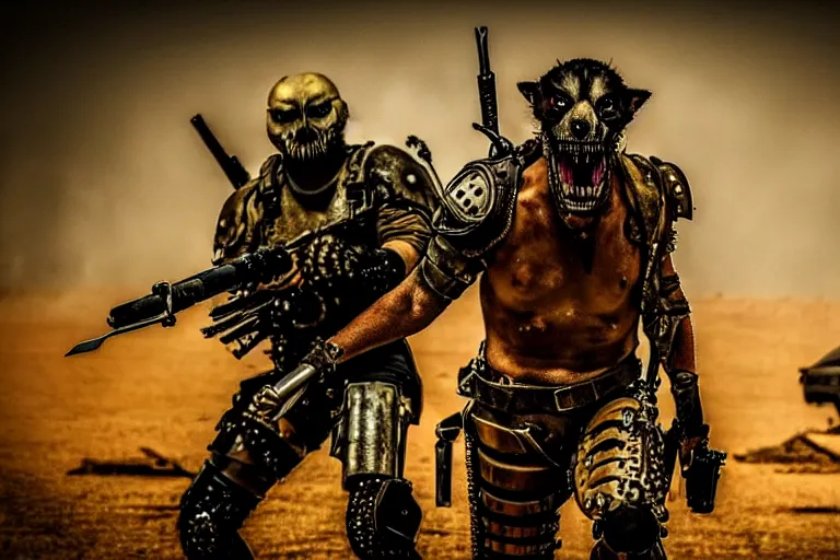 Image similar to a fursona ( from the furry fandom ), heavily armed and armored facing down armageddon in a dark and gritty version from the makers of mad max : fury road. witness me.