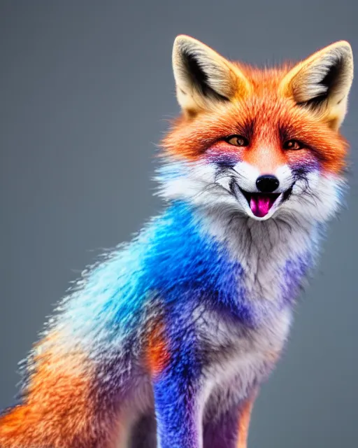 Image similar to rainbow fox yawning, portrait, blue background, 8 k, 8 5 mm f 1. 8