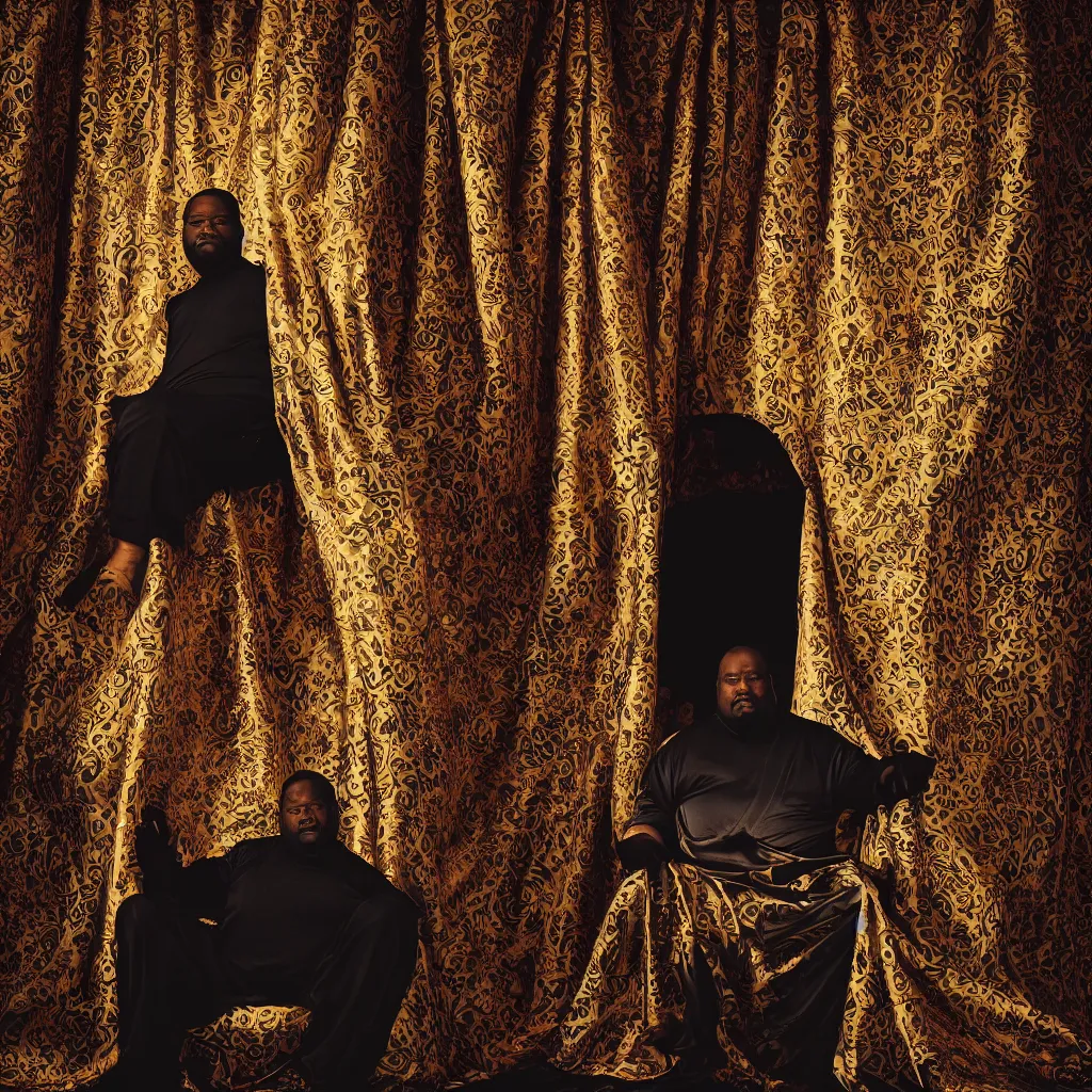 Image similar to Large black man sitting on throne wrapped in silk, background made of large folding curtains, dimly lit, dark, blacklight photography