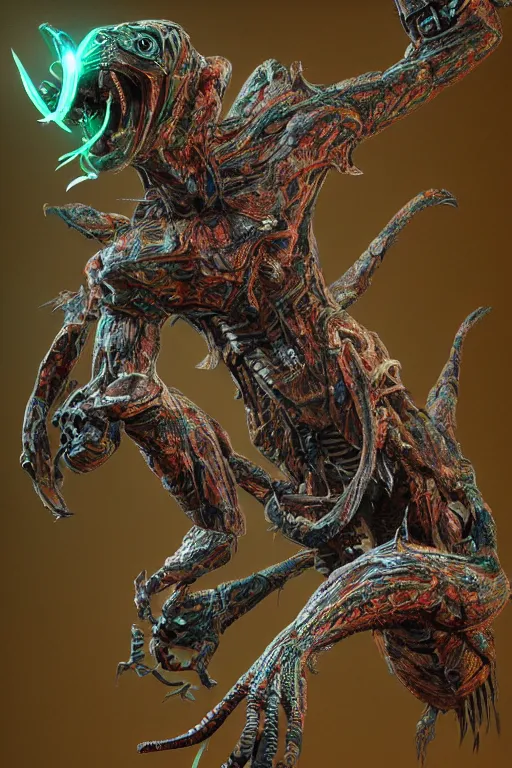 Image similar to hyper-maximalist overdetailed 3d sculpture of a biomechanical reptilian extraterrestrial monster by clogtwo and ben ridgway. 8k. Generative art. Fantastic realism. Scifi feel. Extremely Ornated. Intricate and omnious. Tools used: Blender Cinema4d Houdini3d zbrush. Unreal engine 5 Cinematic. Beautifully lit. No background. artstation. Deviantart. CGsociety. Inspired by beastwreckstuff and jimbo phillips. Cosmic horror infused retrofuturist style. Hyperdetailed high resolution Render by binx.ly in discodiffusion. Dreamlike polished render by machine.delusions. Sharp focus.