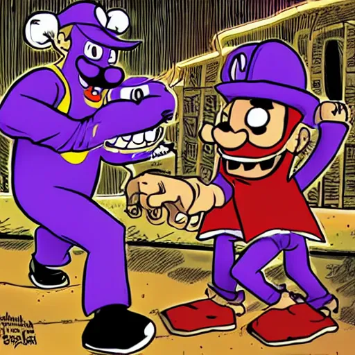 Prompt: ethan van sciver line art of kool aid man fighting waluigi