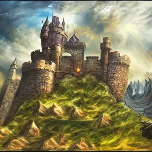 Image similar to a castle on a flying island, masterpiece, flying island in the sky, clouds background magic the gathering coloring style, epic fantasy style art, fantasy epic digital art, epic fantasy card game art