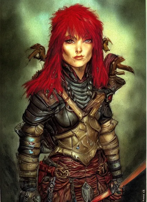 Image similar to portrait of strong female ranger, beautiful! coherent! dungeons and dragons character, by brian froud, strong line, deep color, leather armor, short red hair, high contrast