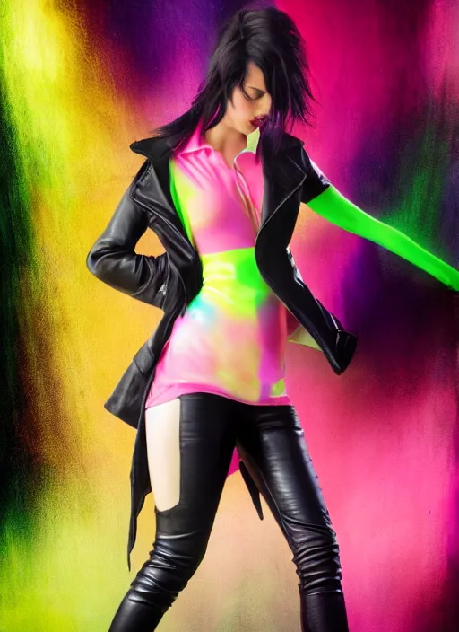 Image similar to a photo of 8 k ultra realistic a black haired female in high heels and a black leather jacket, pink, purple, green, yelow, red, blue, white neon, art by lise deharme