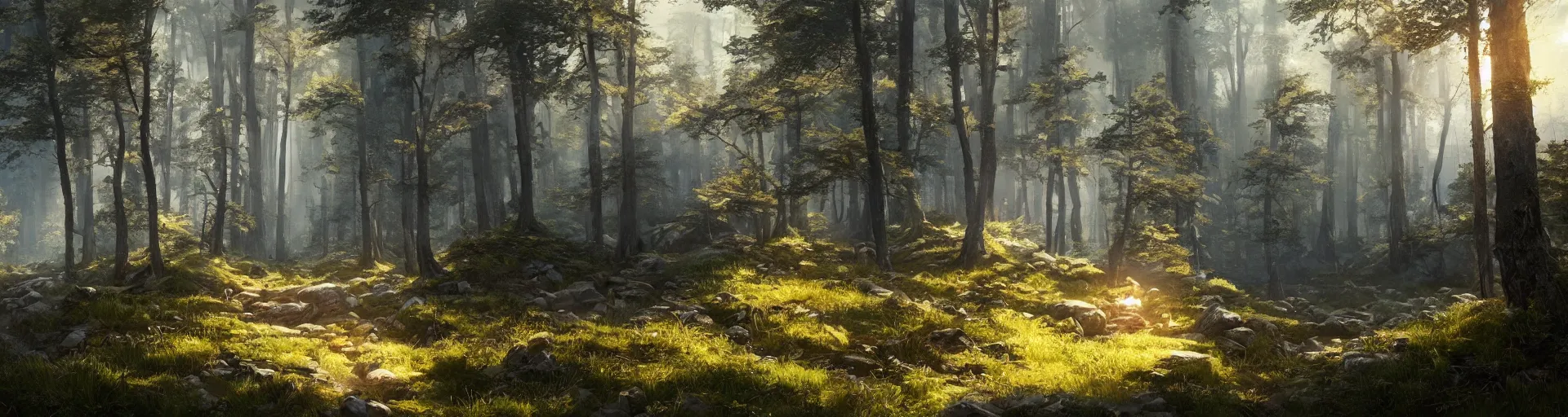 Image similar to beautiful render of a landscape, unreal engine, first light, majestic mountains, deep forest, pathways, sunlight, soft light, by greg rutkowski, cgsociety