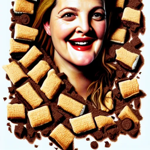 Prompt: drew barrymore in a smore, chocolate, marshmallow graham cracker, digital painting by arcimboldo