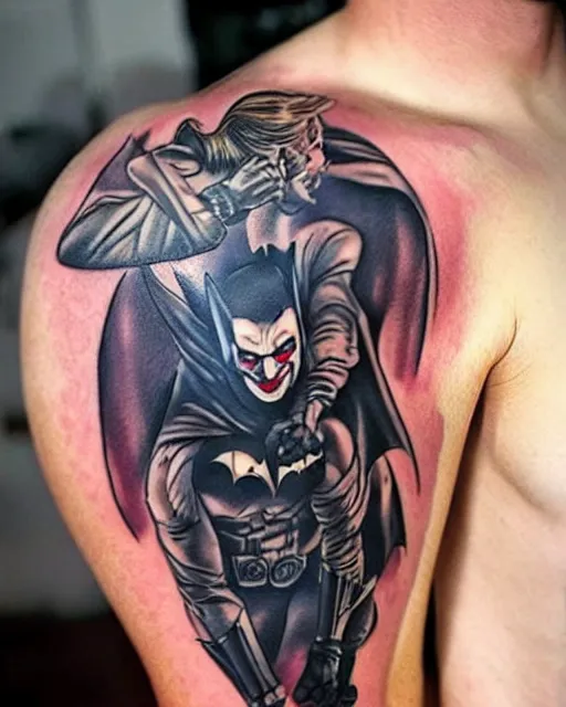 Prompt: tattoo of half batman, half joker