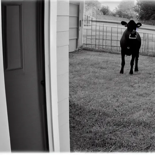 Prompt: a cow at my front door staring at me, b&w, security cam footage
