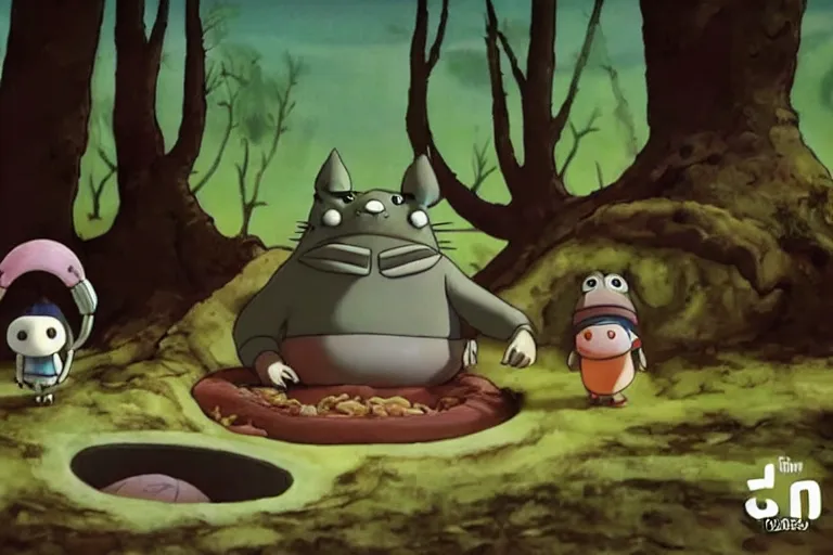 Prompt: stop motion film by Aardman Animation, totoro stalks his prey in the dank sewer