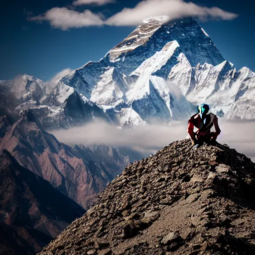 Prompt: an iron man is sitting on the peak of mount everest, clear focus, bokeh effect, high res, hasselblad, dslr, cinematic