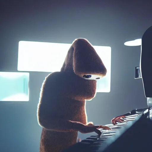 Image similar to cinematic film still of Pharrell Williams Making A Beat with an anthropomorphic alien, Japanese VFX, 2018, 400mm lens, f1.8, shallow depth of field,film photography