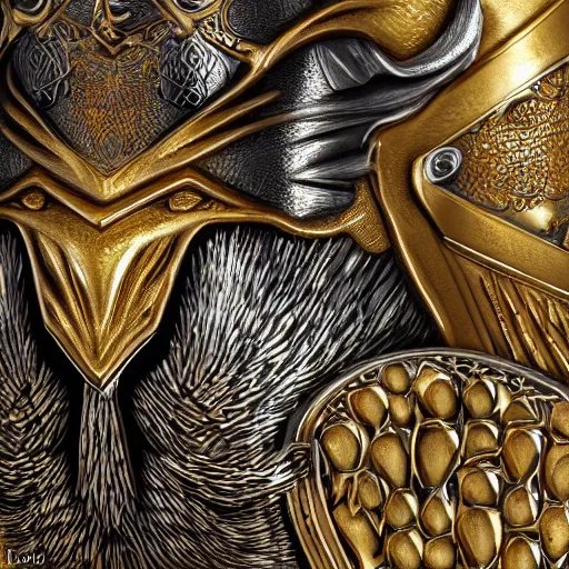 Image similar to fantasy art 4 k photo of roosters in very detailed shiny plate armor engraved in gold ready for battle