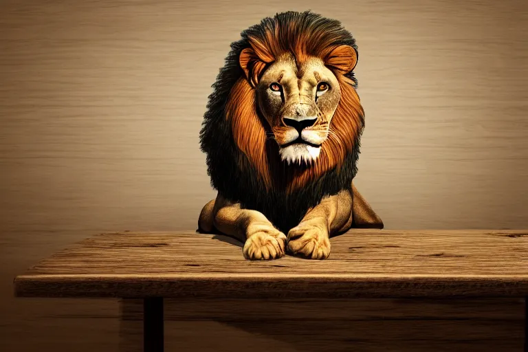 Prompt: Lion on a wooden table, cinematic, wide angle, concept art