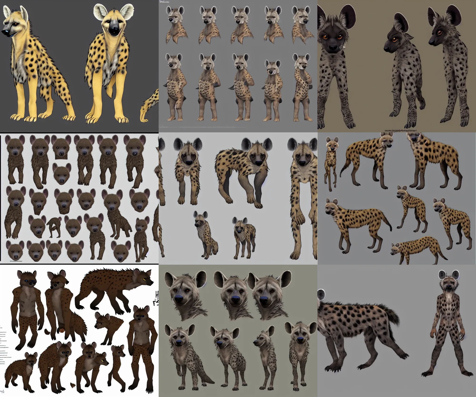 Prompt: a furry hyena fursona reference sheet, high - resolution, photorealistic, trending on weasyl