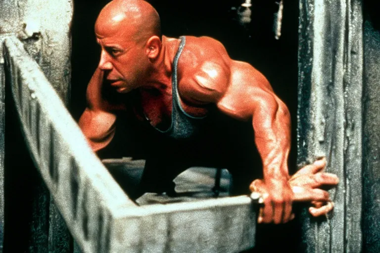 Prompt: film still of Vin Diesel as John McClane crawling through ventilation shaft in Die Hard 1988