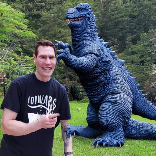 Prompt: jerma985 hanging out with godzilla