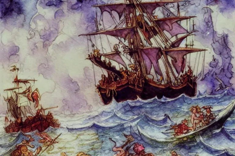 Prompt: mermaids and sirens raid an enourmous pirate ship and attack everyone onboard, sinking the ship which is on fire, watercolor painting, art by walter crane and arthur rackham, and albert bierstadt and william turner, illustration style, watercolor