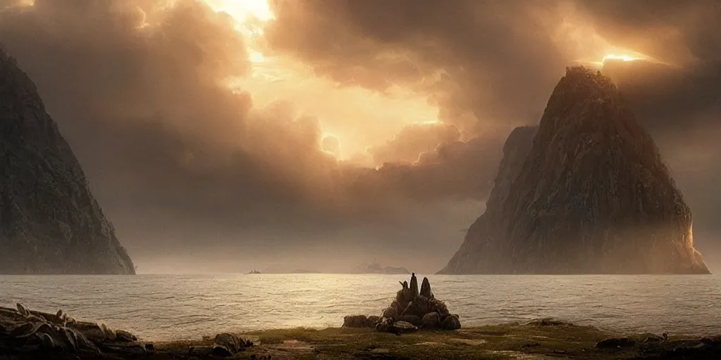 Prompt: epic matte painting of an island, cinematic cinematography masterpiece, greg rutkowski, and ivan aivazovski, roger deakins