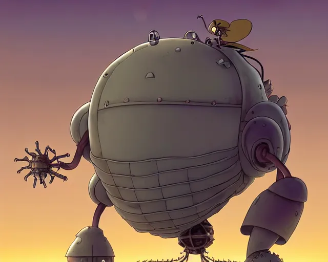 Prompt: a cell shaded cartoon giant grey lovecraftian mechanized beetle from howl's moving castle ( 2 0 0 4 ), with a big head, on a desert road, wide shot, sunset, golden hour, muted colors, post grunge, josan gonzales, wlop, by james jean, victor ngai, hq, deviantart, art by artgem