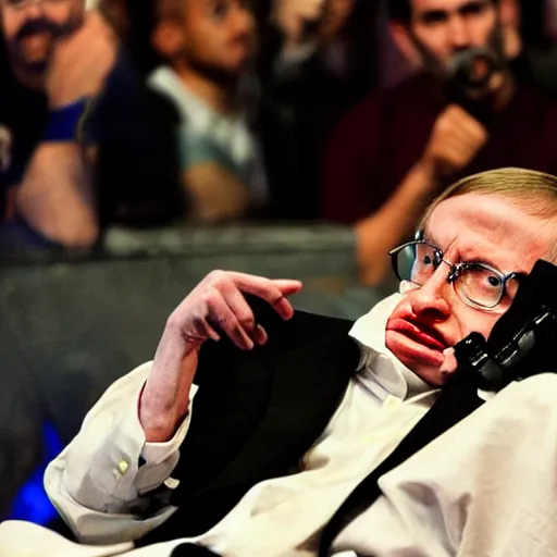 Image similar to stephen hawking in a battle rap, photography,