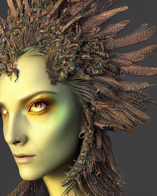 Image similar to 3 d warrior goddess close - up profile portrait. beautiful intricate highly detailed chuu! magpie helm and richly embroidered blouse, quetzalcoatl, stingray, bioluminescent, plasma, lava, ice, feather, wind, stormy, artwork by tooth wu and wlop and annie leibovitz, octane 3 d render